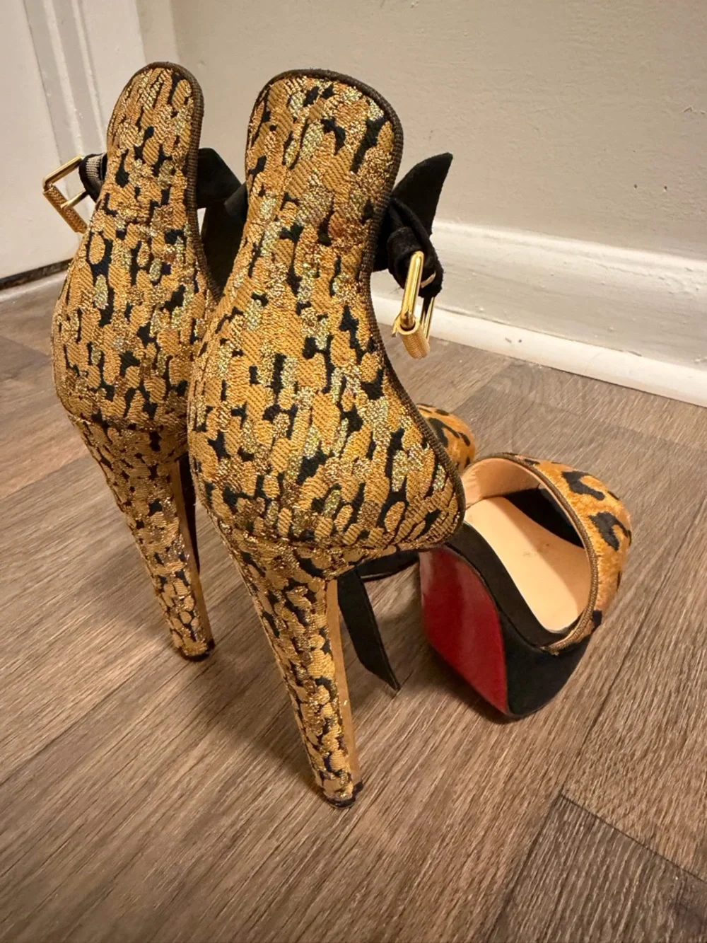 Christian Louboutin Gold and Black Leopard-Print High Heels - Picture 4 of 9